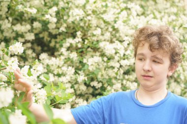 Jasmine çalılar arasında mavi bir tişört ayakta alerjisi olan genç ve kötü sağlık muzdarip