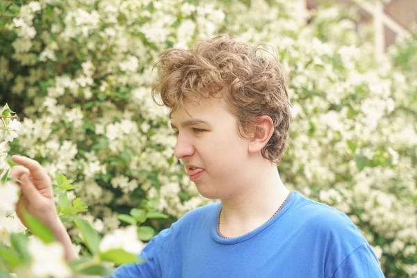 Έφηβος Αλλεργίες Που Στέκονται Ένα Μπλε Μπλουζάκι Ανάμεσα Στους Θάμνους — Φωτογραφία Αρχείου
