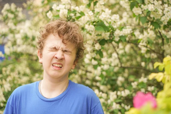 Tiener Met Allergieën Staande Een Blauw Shirt Onder Jasmijn Struiken — Stockfoto