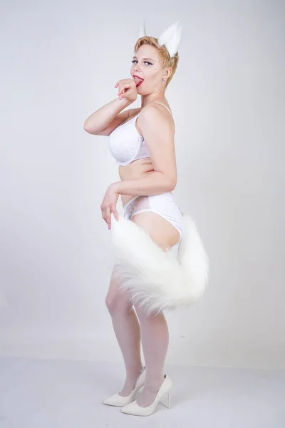 Sexy Figlarny Kitty Dziewczyna Rozmiar Ciała Białej Bielizny Erotycznej Pończochy — Zdjęcie stockowe