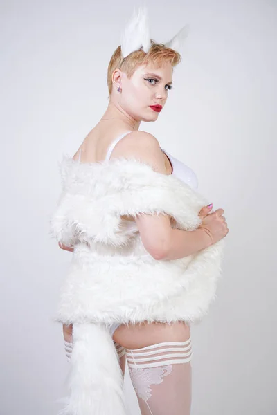 Sexy Figlarny Kitty Dziewczyna Rozmiar Ciała Białej Bielizny Erotycznej Pończochy — Zdjęcie stockowe