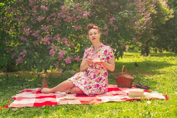 Liebste Charmante Pinup Girl Sommerkleid Auf Einer Karierten Decke Park — Stockfoto