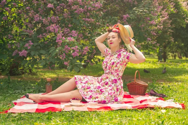 Liebste Charmante Pinup Girl Sommerkleid Auf Einer Karierten Decke Park — Stockfoto
