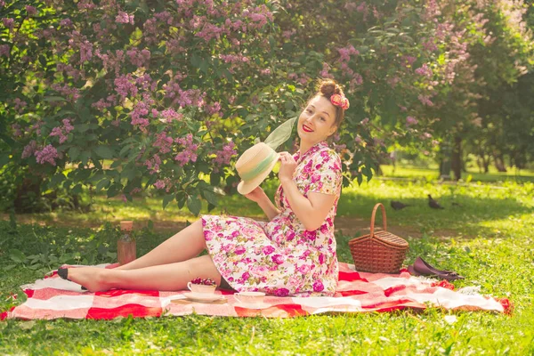 Querida Encantadora Garota Pinup Vestido Verão Cobertor Xadrez Parque Perto — Fotografia de Stock