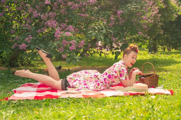 Älskling Charmig Pinup Flicka Sommarklänning Rutig Filt Parken Nära Buskar — Stockfoto