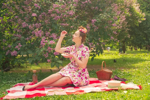 Liebste Charmante Pinup Girl Sommerkleid Auf Einer Karierten Decke Park — Stockfoto