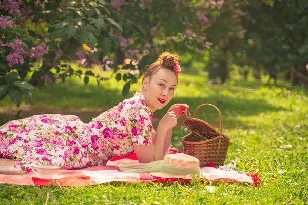Liebste Charmante Pinup Girl Sommerkleid Auf Einer Karierten Decke Park — Stockfoto