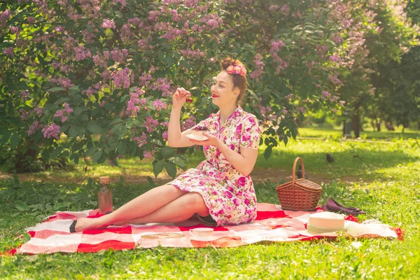 Älskling Charmig Pinup Flicka Sommarklänning Rutig Filt Parken Nära Buskar — Stockfoto