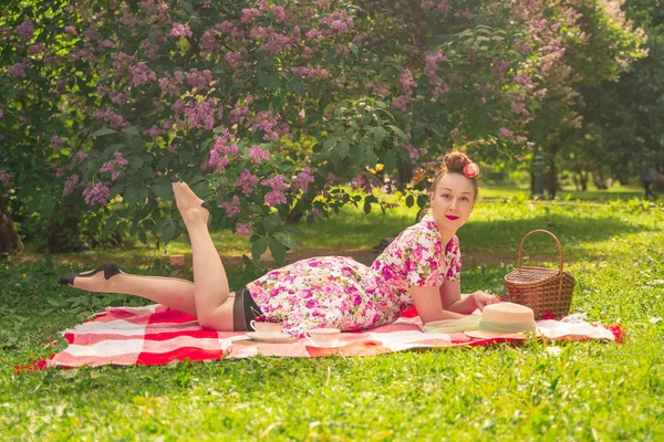leyla çalıları yakınında Parkta damalı bir battaniye üzerinde bir yaz elbise sevgili büyüleyici pinup kız tek başına yaşam ve eğlence sahiptir. çimüzerinde oldukça mutlu beyaz kadın.