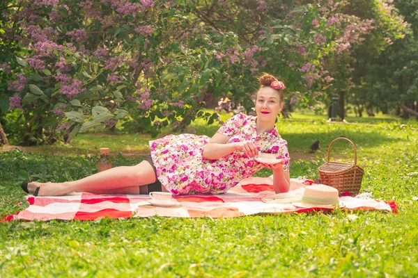 라일락의 공원에서 담요에 드레스에 매력적인 소녀는 여가를 즐긴다 잔디에 — 스톡 사진