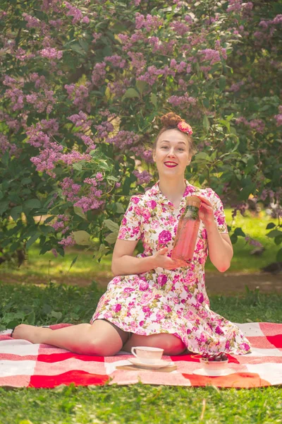 Querida Encantadora Garota Pinup Vestido Verão Cobertor Xadrez Parque Perto — Fotografia de Stock