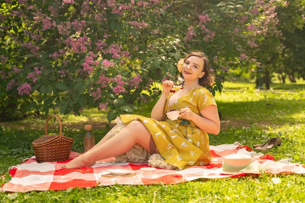 かわいいプラスサイズの白人の女の子はかわいいヴィンテージ黄色のドレスを着て 緑の草の上に夏の公園で休暇を楽しんでいます レトロなドレスで曲線ピンナップの女性はライラックの近くの自然に休息を持っています — ストック写真