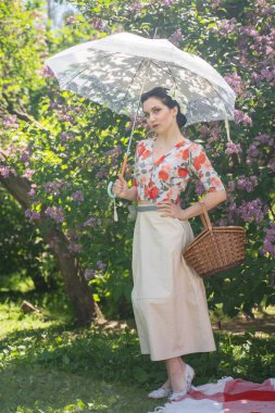 büyüleyici bir esmer genç kız tek başına yeşil yaz çim bir dinlenme ve piknik sahiptir. güzel kadın bir tatil var ve doğa üzerinde boş harcamak.