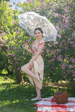 büyüleyici bir esmer genç kız tek başına yeşil yaz çim bir dinlenme ve piknik sahiptir. güzel kadın bir tatil var ve doğa üzerinde boş harcamak.