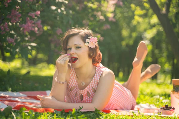 Affascinante Ragazza Pinup Gode Riposo Picnic Sull Erba Verde Estate — Foto Stock