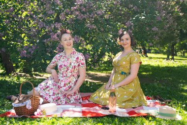 birlikte güneşli bir günde şehir parkında güzel piknik olan bayanlar iki güzel pin up. kızlar arkadaşlar sıcak yaz havası tadını çıkarın. retro vintage tarzı güzel kadın çim üzerinde rahatlatıcı.