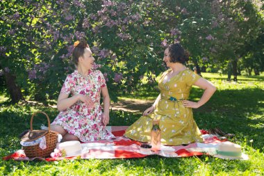 birlikte güneşli bir günde şehir parkında güzel piknik olan bayanlar iki güzel pin up. kızlar arkadaşlar sıcak yaz havası tadını çıkarın. retro vintage tarzı güzel kadın çim üzerinde rahatlatıcı.