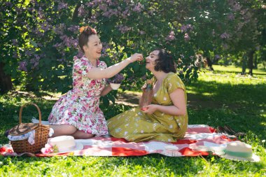 birlikte güneşli bir günde şehir parkında güzel piknik olan bayanlar iki güzel pin up. kızlar arkadaşlar sıcak yaz havası tadını çıkarın. retro vintage tarzı güzel kadın çim üzerinde rahatlatıcı.