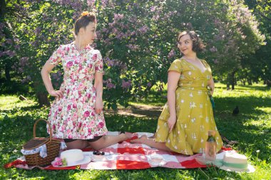 birlikte güneşli bir günde şehir parkında güzel piknik olan bayanlar iki güzel pin up. kızlar arkadaşlar sıcak yaz havası tadını çıkarın. retro vintage tarzı güzel kadın çim üzerinde rahatlatıcı.