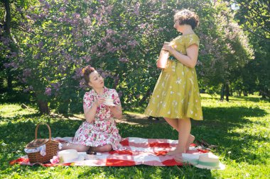 birlikte güneşli bir günde şehir parkında güzel piknik olan bayanlar iki güzel pin up. kızlar arkadaşlar sıcak yaz havası tadını çıkarın. retro vintage tarzı güzel kadın çim üzerinde rahatlatıcı.