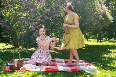 birlikte güneşli bir günde şehir parkında güzel piknik olan bayanlar iki güzel pin up. kızlar arkadaşlar sıcak yaz havası tadını çıkarın. retro vintage tarzı güzel kadın çim üzerinde rahatlatıcı.