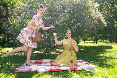 birlikte güneşli bir günde şehir parkında güzel piknik olan bayanlar iki güzel pin up. kızlar arkadaşlar sıcak yaz havası tadını çıkarın. retro vintage tarzı güzel kadın çim üzerinde rahatlatıcı.
