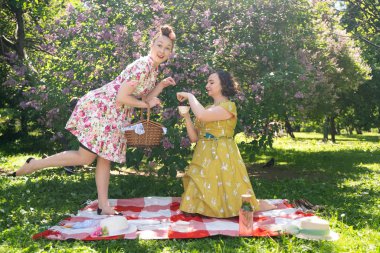 birlikte güneşli bir günde şehir parkında güzel piknik olan bayanlar iki güzel pin up. kızlar arkadaşlar sıcak yaz havası tadını çıkarın. retro vintage tarzı güzel kadın çim üzerinde rahatlatıcı.