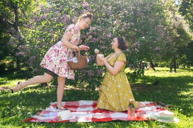 birlikte güneşli bir günde şehir parkında güzel piknik olan bayanlar iki güzel pin up. kızlar arkadaşlar sıcak yaz havası tadını çıkarın. retro vintage tarzı güzel kadın çim üzerinde rahatlatıcı.