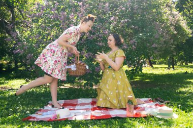birlikte güneşli bir günde şehir parkında güzel piknik olan bayanlar iki güzel pin up. kızlar arkadaşlar sıcak yaz havası tadını çıkarın. retro vintage tarzı güzel kadın çim üzerinde rahatlatıcı.