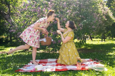 birlikte güneşli bir günde şehir parkında güzel piknik olan bayanlar iki güzel pin up. kızlar arkadaşlar sıcak yaz havası tadını çıkarın. retro vintage tarzı güzel kadın çim üzerinde rahatlatıcı.