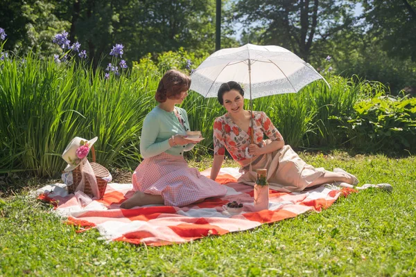 Zwei Hübsche Pin Ladys Bei Einem Schönen Picknick Stadtpark Einem — Stockfoto