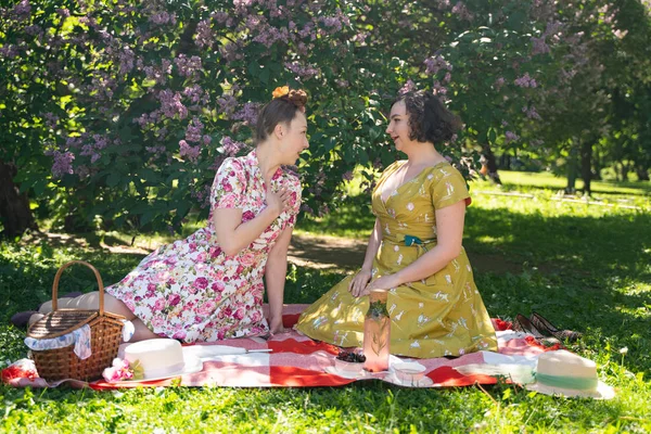 Дві Красиві Пані Мають Гарний Пікнік Міському Парку Сонячний День — стокове фото