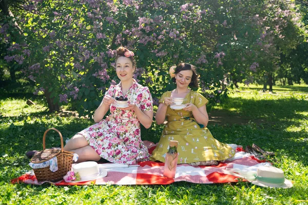 在阳光明媚的日子里 两个漂亮的针尖的女士在城市公园里一起野餐 女孩朋友喜欢炎热的夏天 美丽的女性在复古复古风格是放松在草地上 — 图库照片