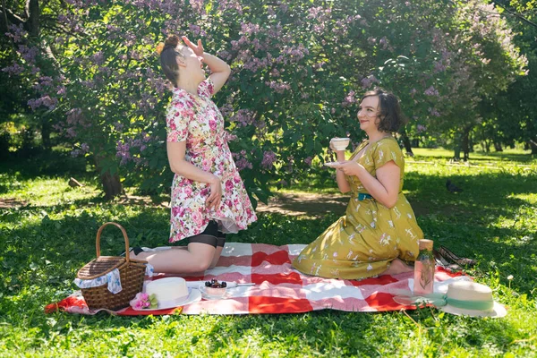 在阳光明媚的日子里 两个漂亮的针尖的女士在城市公园里一起野餐 女孩朋友喜欢炎热的夏天 美丽的女性在复古复古风格是放松在草地上 — 图库照片