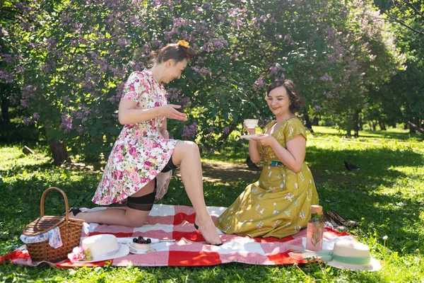 一緒に晴れた日に市立公園で素敵なピクニックを持っている2かわいいピンアップ女性 女の子の友人は暑い夏の天気を楽しみます レトロなヴィンテージスタイルの美しい女性は 草の上でリラックスしています — ストック写真