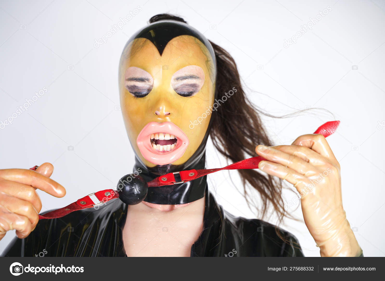 Hot Curvy Crossdresser Wearing Latex Rubber Mask Black Fetish
