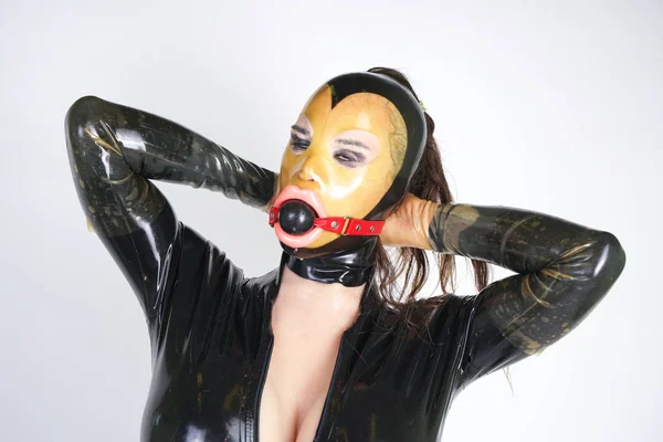 Hot Curvy Crossdresser Wearing Latex Rubber Mask Black Fetish Costume — Stock Photo, Image