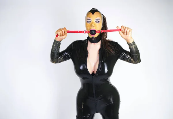 Hot Curvy Crossdresser Wearing Latex Rubber Mask Black Fetish Costume — Stock Photo, Image