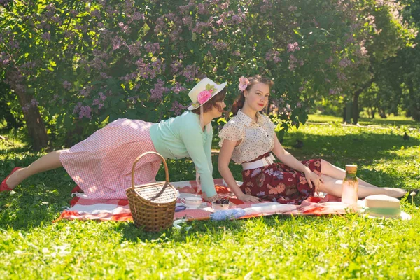 两个漂亮的女孩朋友坐在绿草上的红毯上 夏天野餐 快乐的女人有休息和乐趣 他们的空旷的自然 — 图库照片