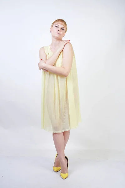 Pretty Young Woman Short Hair Chubby Body Wearing Transparent Nightgown — Stock Photo, Image