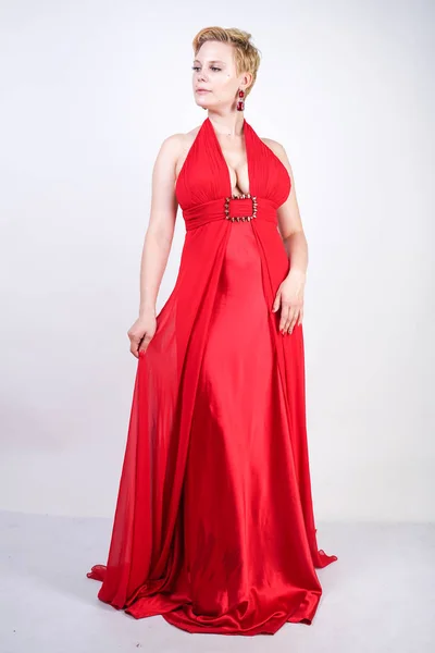 Hot Ξανθιά Καυκάσιος Γυναίκα Φορώντας Μεγάλο Κόκκινο Βράδυ Φόρεμα Και — Φωτογραφία Αρχείου
