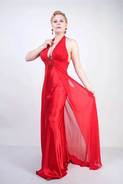 Hot Blonde Caucasian Woman Wearing Long Red Evening Dress Posing — Stock Photo, Image