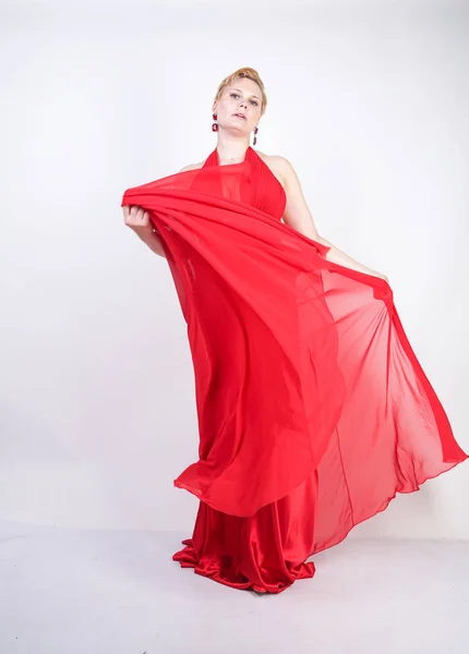 Hot Blonde Caucasian Woman Wearing Long Red Evening Dress Posing — Stock Photo, Image
