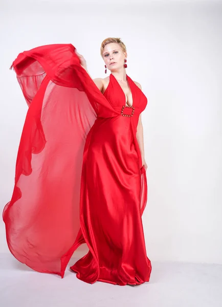 Hot Blonde Caucasian Woman Wearing Long Red Evening Dress Posing — Stock Photo, Image