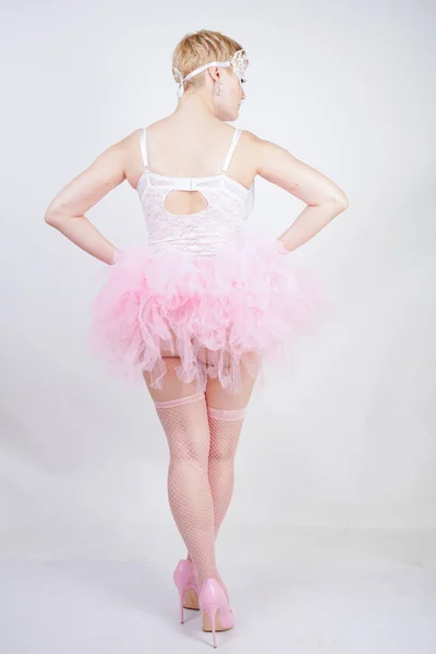 Ładny Rozmiar Zabawny Dorosły Dziewczyna Białej Koronki Gorset Spódnica Tutu — Zdjęcie stockowe