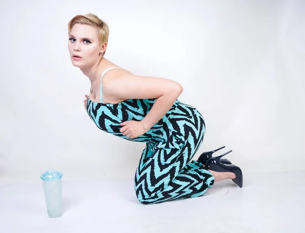 Charming Size Young Woman Black Blue Jumpsuit Glass Water White — Stock Photo, Image
