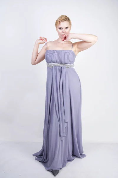 Elegant Thick Female Grey Long Dress Pretty Size Woman Evening — Stock Photo, Image