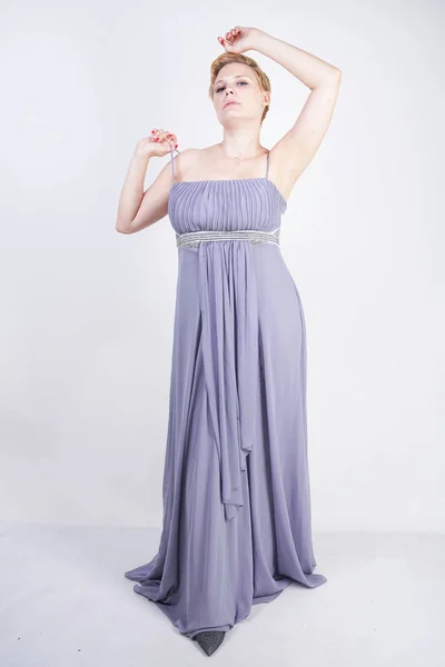Elegant Thick Female Grey Long Dress Pretty Size Woman Evening — Stock Photo, Image
