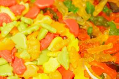 lezzetli çok renkli meyve marmelat. toplu sağlıksız parlak şekerler. farklı jöle fotoğraf yakın. şeker dükkanında lezzetli tatlılar. Kimse. 