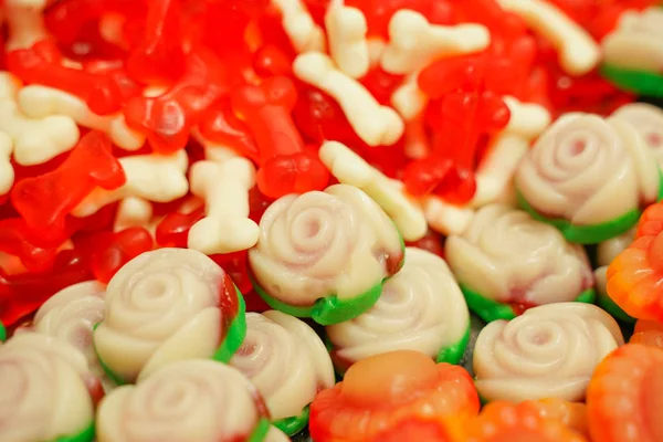 Finom Sokszínű Gyümölcs Lekvár Egészségtelen Csillogó Cukorkák Ömlesztve Különböző Zselét — Stock Fotó